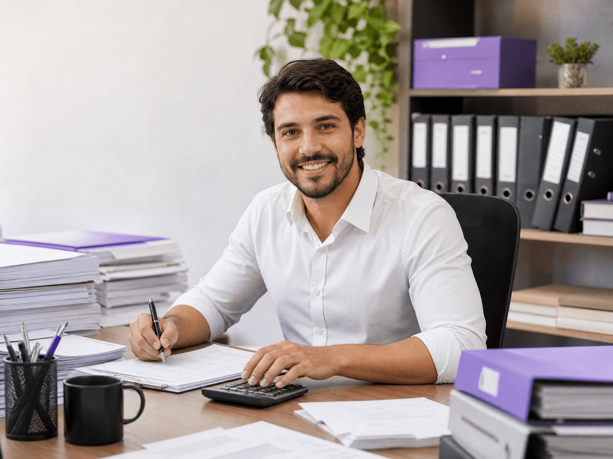 Contador organizando documentos em seu escritório