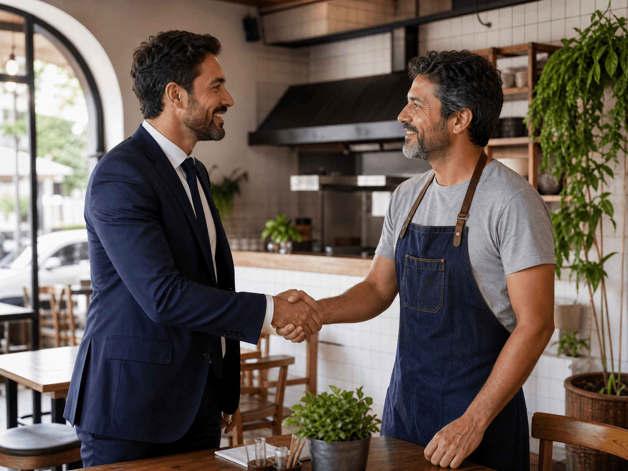 Corretor de seguros fechando negócio com dono de restaurante