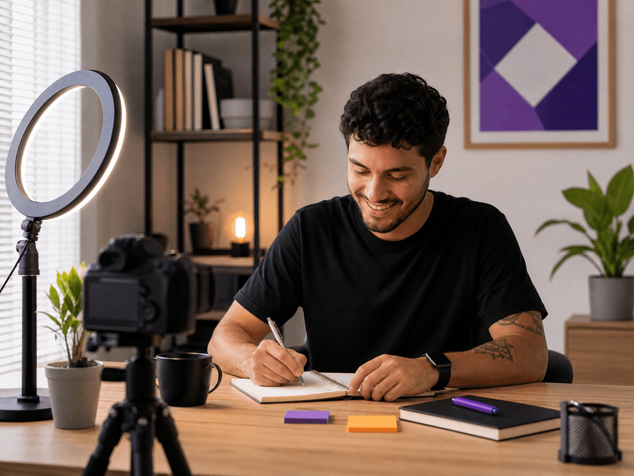 Social media freelancer produzindo conteúdo em home office